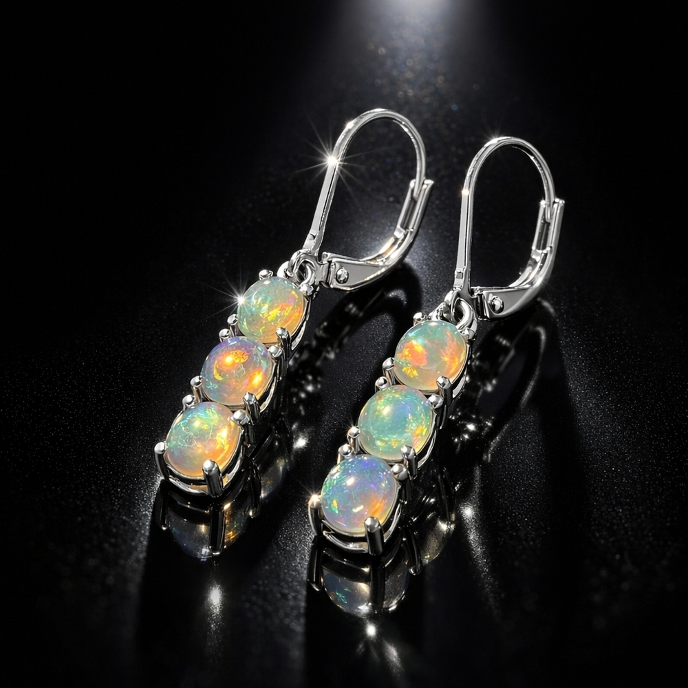 Ethiopian Welo Opal 3 Stone Platinum Over Sterling Silver Drop Earrings